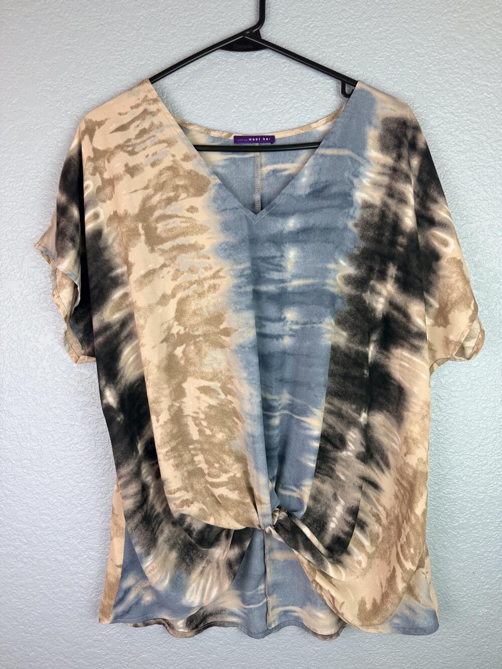 West Kei Blouse Womens Large Multicolor Tie Dye V Neck Twist Front Dolman Top